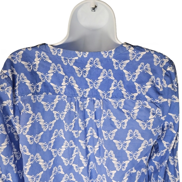 TALBOTS Petite Butterfly Print Cotton Tunic Blouse Shirt Size Small Blue White - Picture 5 of 12